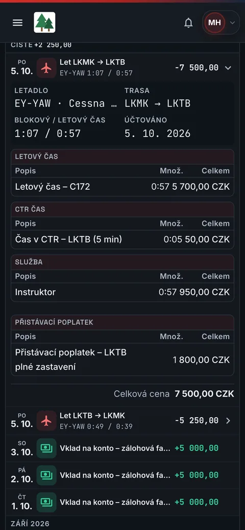 Můj účet v telefonu: let EY-YAW s rozpisem ceny za letový čas, čas v CTR, instruktora a přistávací poplatek