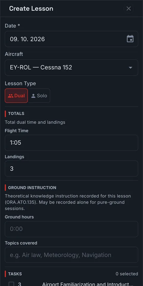 Logging a lesson on a phone: aircraft EY-ROL, dual, 1:05 flight time, three landings