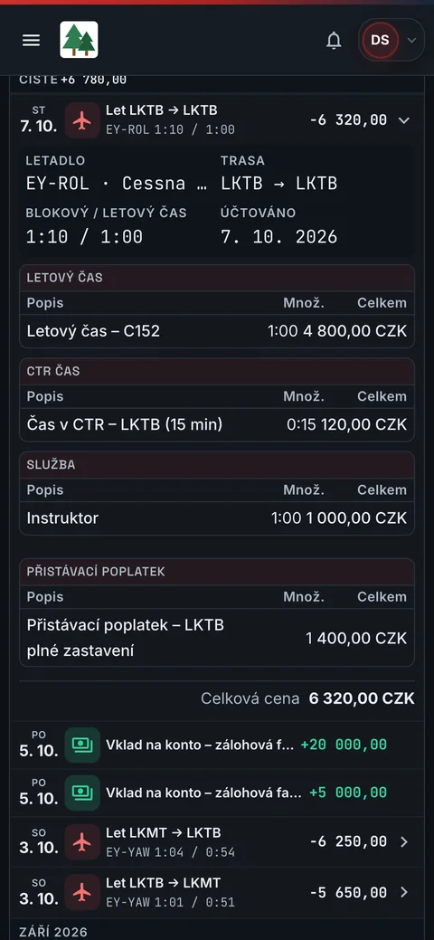 Můj účet v telefonu: tentýž let EY-ROL s rozpisem ceny