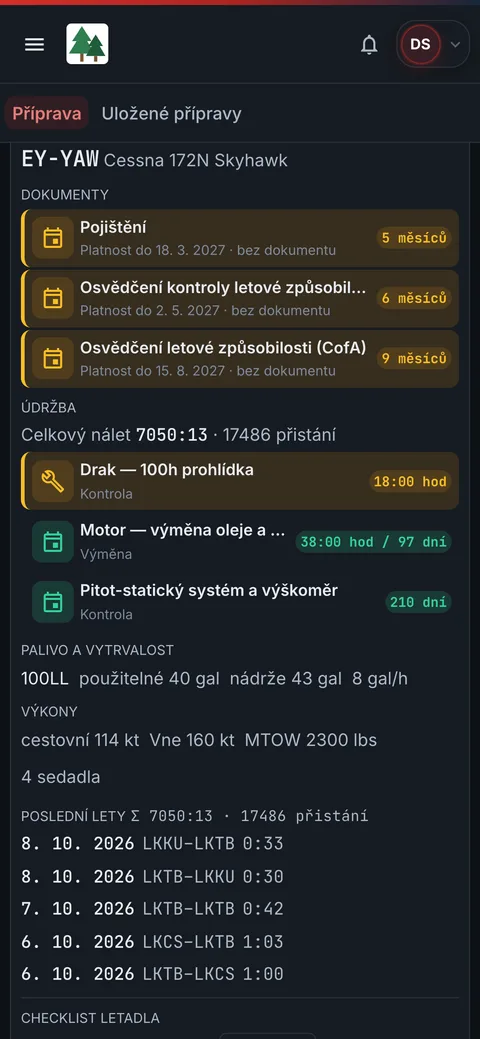 Připravenost letadla EY-YAW v telefonu: platnost CofA, ARC a pojištění, nejbližší limity údržby a palivo