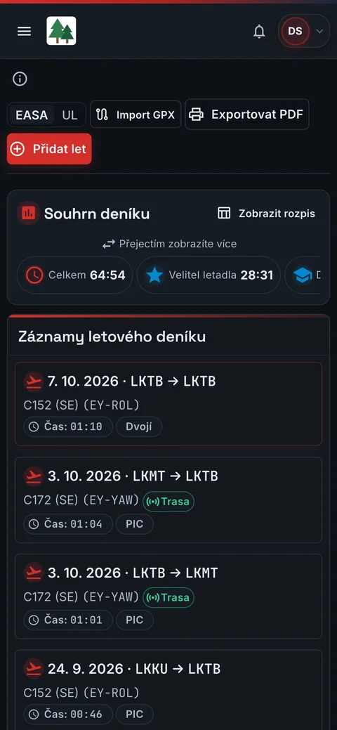 Zápisník letů v telefonu: souhrn deníku a poslední lety se stopou z trackeru
